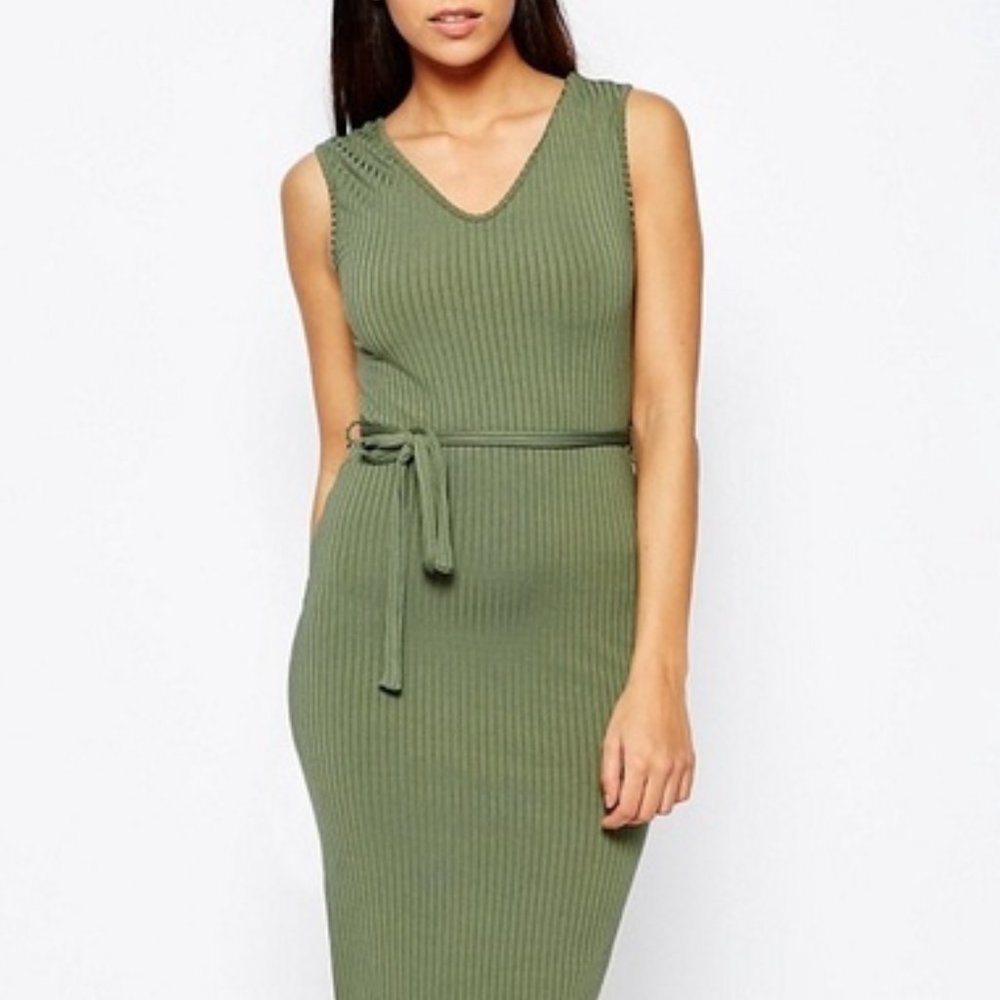Sleeveless Khaki Green Stretchy Tie Maxi Dress